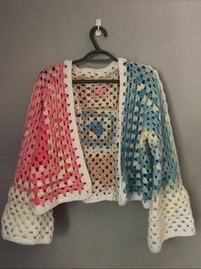 Handmade Crochet Open Front Cardigan Pink and Blue